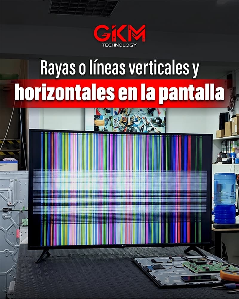 Televisor Smart TV con imagen distorsionada por múltiples líneas verticales de colores y franjas horizontales fijas sobre el panel